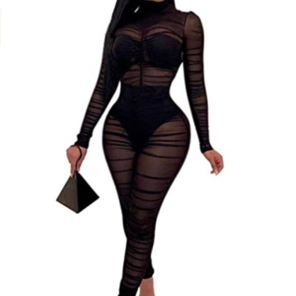 Women OnePiece Outfits Mesh Sheer Bodycon Jumpsuit - Picture 1 of 10